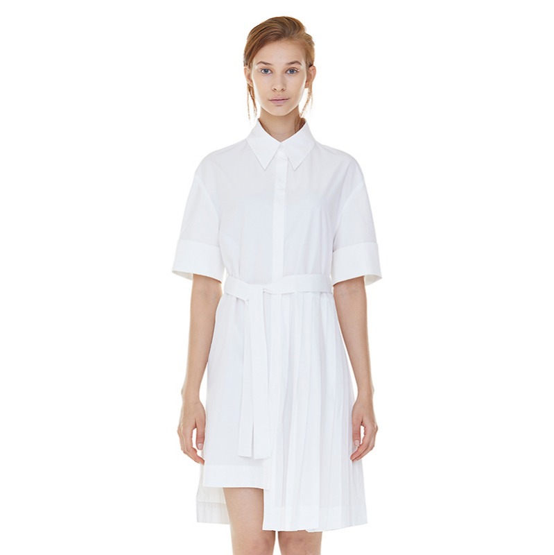partial pleats shirts dress - white